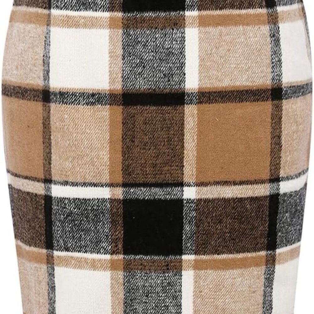 Midi Plaid Skirts for Women Fall Winter Knee Length Pencil Wool Skirt with Slit